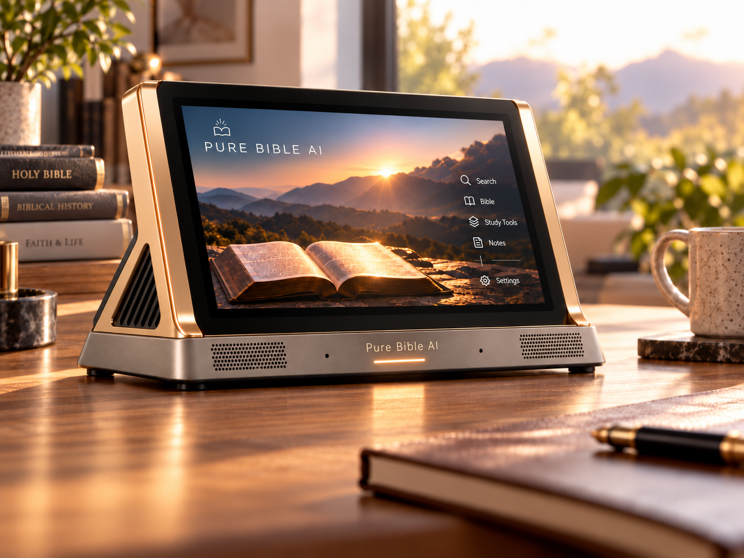 Original PURE BIBLE AI photograph with its front logo, on a sunlit wooden desk beside Bible study books