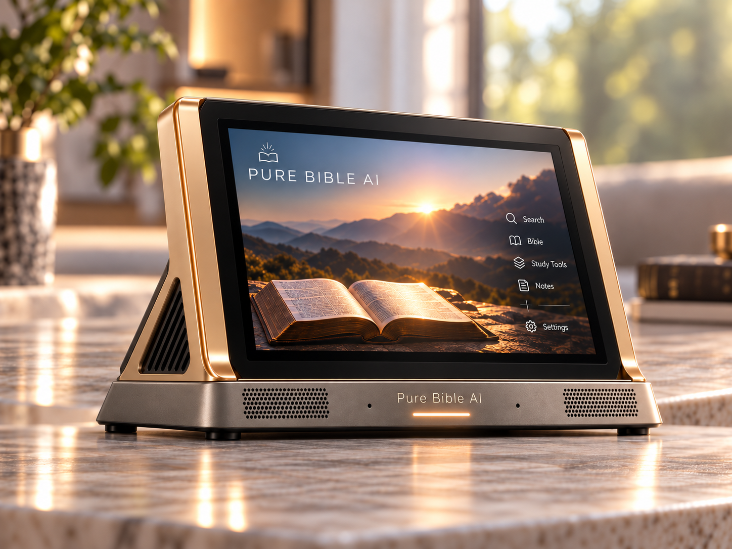 PURE BIBLE AI on marble in a warmly lit home study