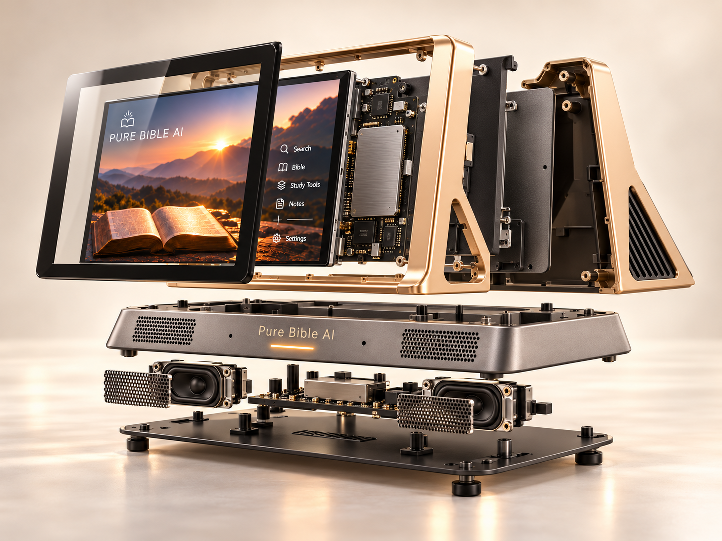 Exploded view of PURE BIBLE AI showing its display, champagne-gold frame, internal components, speakers, and base layers
