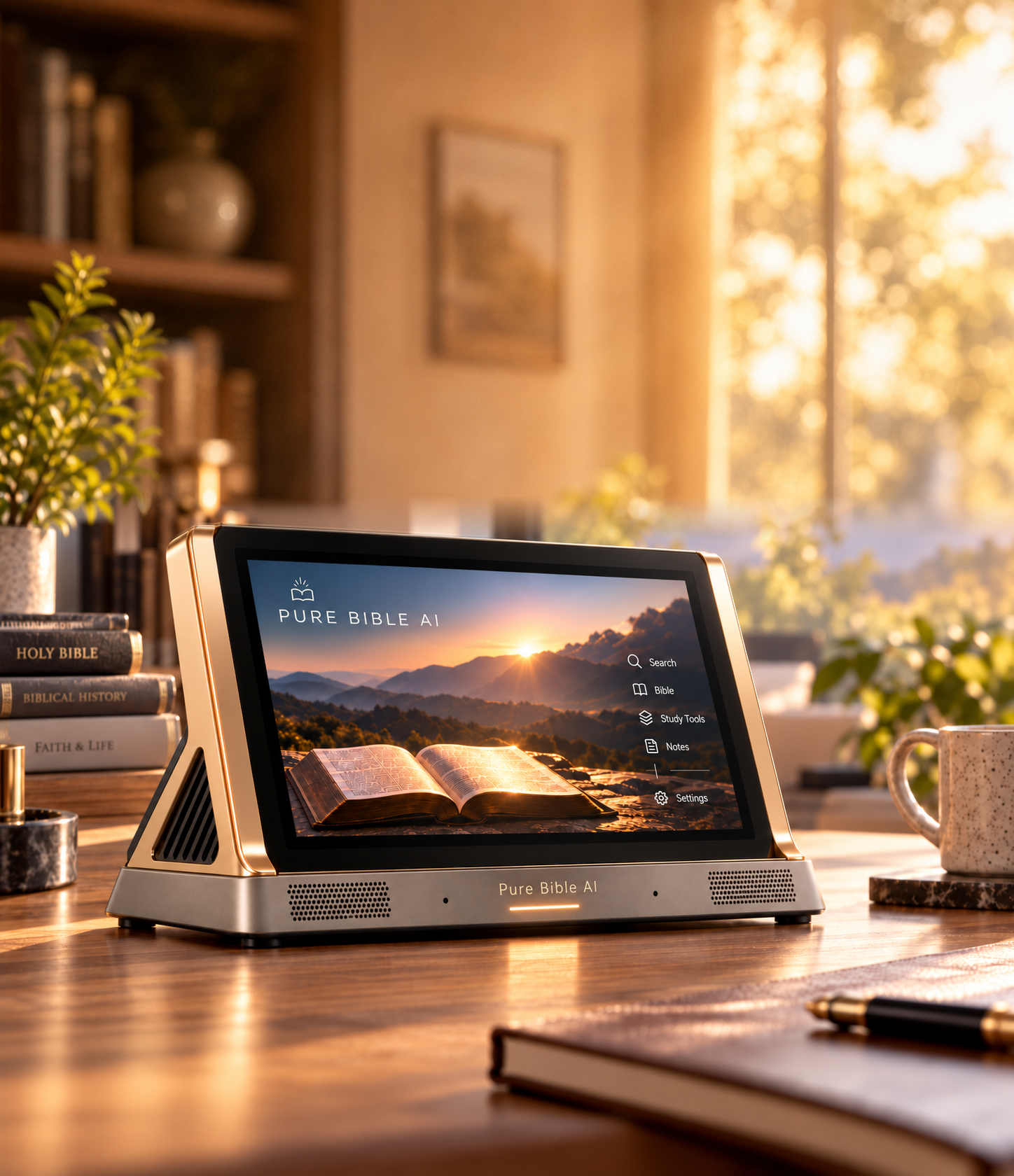 Champagne gold PURE BIBLE AI device on a wooden desk beside Bible study books at sunrise