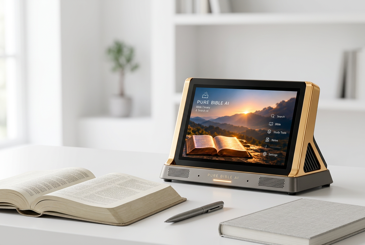 PURE BIBLE AI beside an open Bible on a white study table